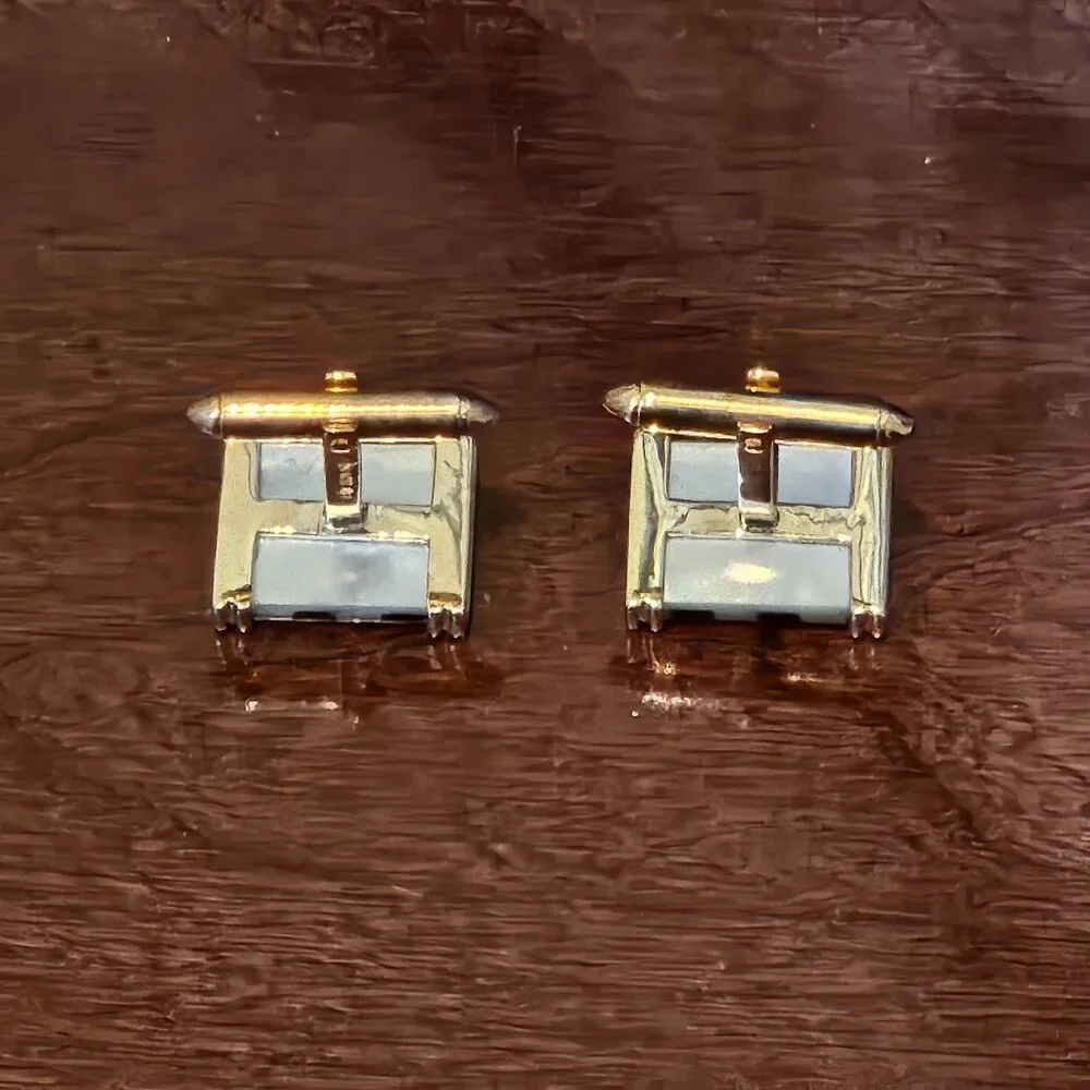 HEAVY RARE VINTAGE ESTATE MAYORS BIRKS 18K ITALY GOLD MOP ONYX STRIPED CUFFLINKS